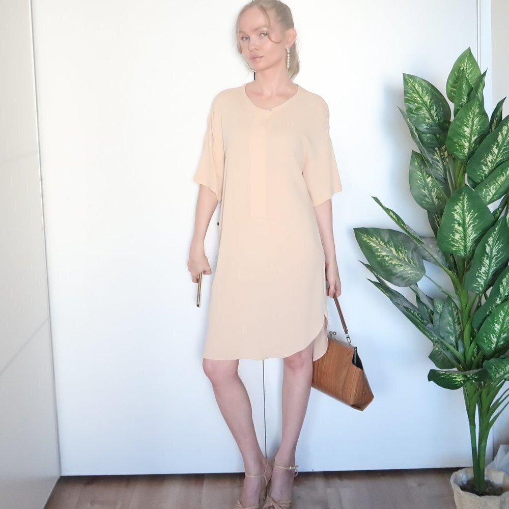 Zara Beige Short Sleeve Crew Neck Shirt Dress Size S